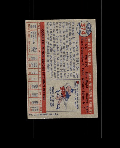 1957 Topps 374 Don Cardwell RC Sehr guter Erhaltungszustand #D1.401355 - Bild 2 von 2