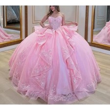 Sparkly Pink Quinceanera Dress Ball Gown Floral Applique Tiered Beading Sweet 16