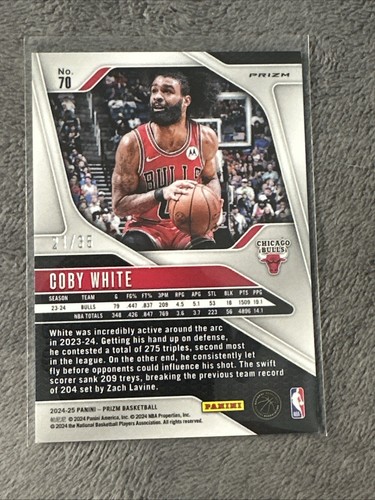 Coby White SSP #'d 21/35, 2024-25 Prizm Purple Pulsar #70, Chicago Bulls - Picture 3 of 3