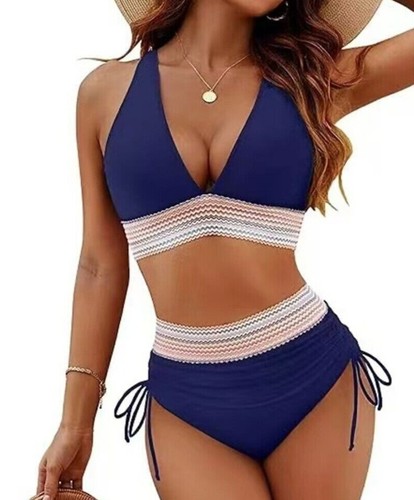 2Piece Womens Color Block Swimsuits Tummy Control High Waisted Bikini Sets - Picture 3 of 21