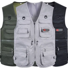 Mens Cargo Vest Multi Pocket Utility Fishing Hiking Camping Gilet Waistcoat Tops