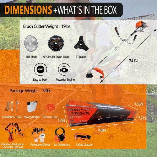 PROYAMA 42.7cc Gas Weed Wacker, 3 in 1 Weed Eater Gas Powered, Brush Cutter and - Picture 5 of 7