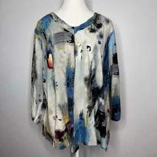 Parsley & Sage PXL Blue Abstract Print Button Front Top 3/4 Sleeve Cotton Blend