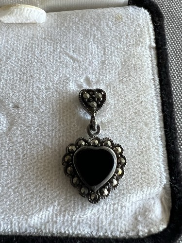 Vintage 925 Sterling Silver Onyx Marcasite Earrings - Picture 3 of 6