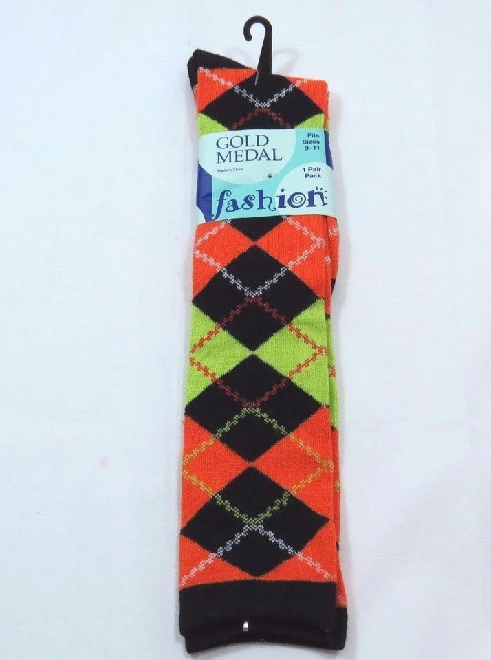  Clásico Argyle Pantalón Hasta la Rodilla Calcetines Naranja Negro Amarillo Mujer 9-11 Brillo  Foto 2 de 3