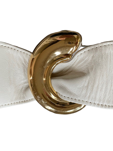 Vintage 80s Women 3" Wide Ivory Oversized Gold Tone Buckle Belt 29" 30" Waist - Picture 4 of 4