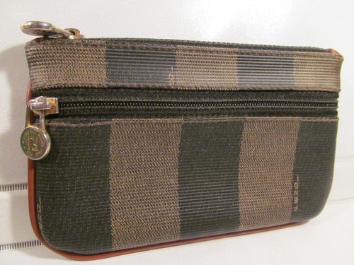 FENDI ROMA Pequin double zip Nero Stripe 6 x 3 Coin Purse Bag Italy AUTH vintage - Picture 2 of 19