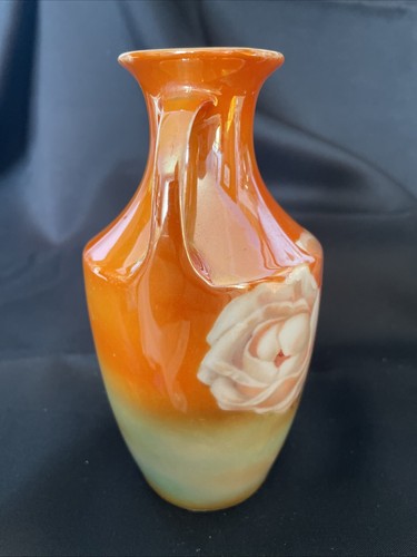 Vintage RS Poland China 5 1/2” Vase~Peach Roses on Orange & Green Luster - Picture 4 of 13