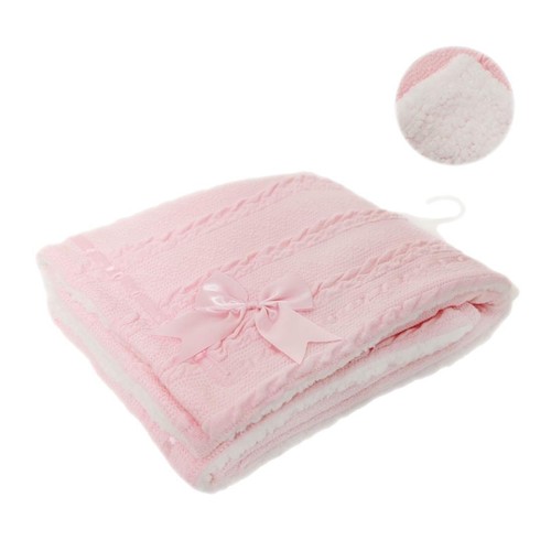 Baby Blanket Chevron Cable Knit Bow Pom Pom Sherpa Fleece Pram Wrap Soft Touch - Picture 10 of 35