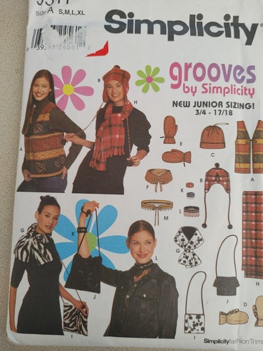 Simplicity Pattern 9511 Grooves Juniors Fleece Winter Hats Mittens Vest Purse - Picture 1 of 2