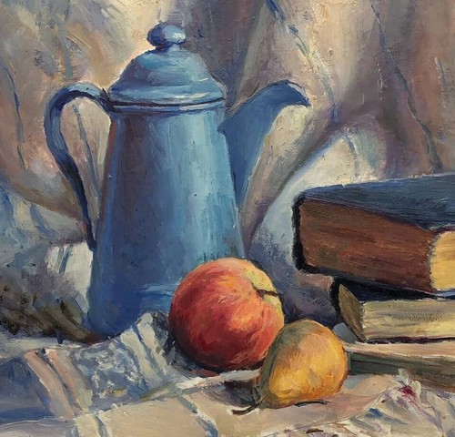 Vintage Still Life Painting on Canvas Books Fruit & Blue Teapot Signed 1954 - Picture 3 of 5