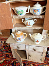 ANT VTG FIVE CHILD'S TEA POTS AND SUGAR - WONDERFUL, OLD, 1930S, 40S, DECO,NUR