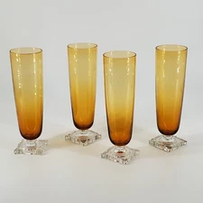 Vintage Set of 4 Amber Glass 903 Seneca 15 Oz Slim Jim Pilsner clear square base