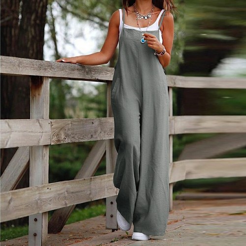 Women Solid Casual Pockets Sleeveless Suspender Pants Wide Legs Rompers Jumpsuit - Picture 23 of 26
