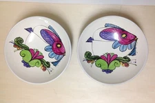 Pair of Seramic Blue and Ecru Pasta Bowls with Hand Painted Fish Pattern,9'' Dia
