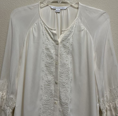 Blusa Diane Von Furstenberg Taylor Seda Crema Manga Larga Talla 10 Abotonada - Imagen 5 de 11