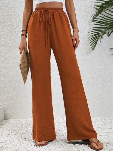 NEW Womens Summer Trousers Casual Wide Leg Bottoms Pockets Elastic Waist Pants - Picture 14 of 19