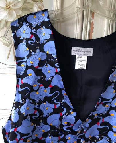 VTG 90s DISNEY ALADDIN GENIE 100% SILK BLACK PERIWINKLE BLUE VEST EUC L/XL EUC - Picture 2 of 6