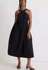 Madewell Poplin Halter Tiered Midi Dress Size 4 Black Drawstring Boho Chic
