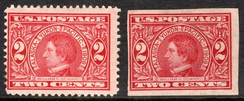 US Briefmarke Scott #370-371, 2c, Alaska-Yukon, Perf & Imperf, MLH, SCV$20,75