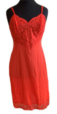 Vintage 60s- 70s Vanity Fair Red Silky Nylon Tricot Lace Full Dress Slip Sz 36