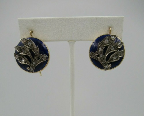 Orecchini antichi 14 carati vittoriani smalto blu cobalto taglio rosa diamanti c1850 - Foto 5 di 9