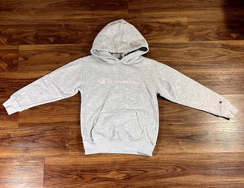Champion Pullover Hoodie Pink Logo Long Sleeve Gray Girls Size Medium Casual