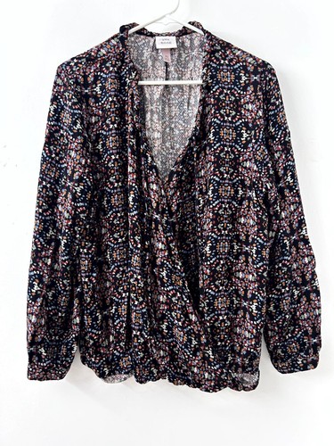 Knox Rose Damen schwarz bunt bedruckt Langarm Wickel Top Freizeit Gr. XL - Bild 1 von 9