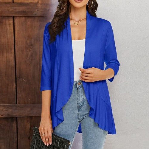 Womens Solid 3/4 Sleeve Ruffle Cardigan Ladies Loose Casual Cover Up Tops Blouse - Bild 19 von 27