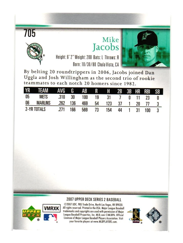 2007 Upper Deck #705 Mike Jacobs Florida Marlins - Image 2 of 2