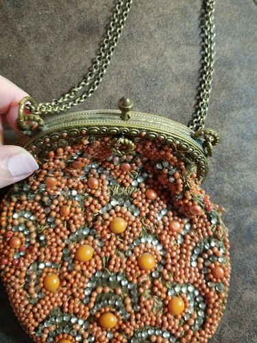 Antique Orange Coral Color Beaded Purse Oval Shape Frame Push Pin Chain Handle - Picture 7 of 12