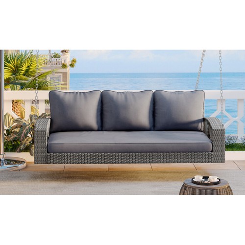 69" PE Wicker 3-Person Porch Swing w Chains & Cushions, Large Patio Swing Bench - Picture 8 of 12