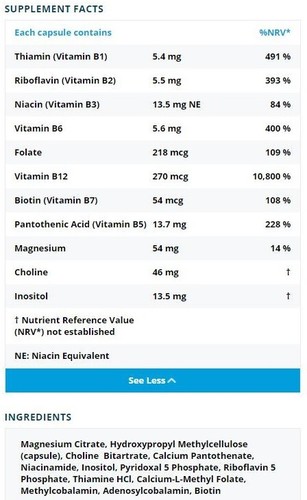 Metabolics Vitamin B complex - muy biodisponible y suave - 180 cápsulas - Imagen 2 de 2