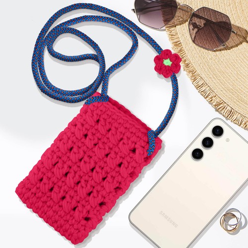 Cross-body Knitted Phone Bag Flower Pattern FlowerWeave Series Fuchsia - Picture 4 of 6