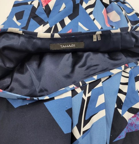 Tahari Womens Skirt Size 10 Blue Pleated Flared A-Line Geometric Pattern Cotton - Picture 7 of 10