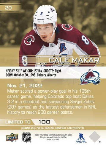 2022-23 NHL Game Dated Moments Gold SP /100 (You Pick) - Rookies (RC) & Veterans - Picture 49 of 223