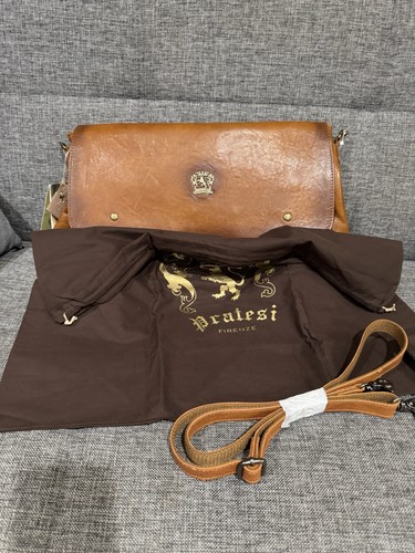 Pratesi Firenze Italy Brown Leather Vendor Style Mail Bag B475 Buckle Strap NWT - Picture 10 of 16