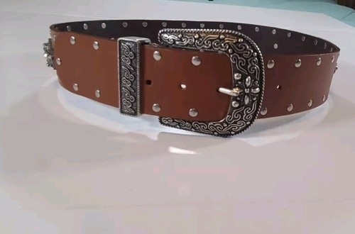 Chico's 40" Women's Studded Wide Leather Jeweled Brown Fashion Belt Bohemian - Picture 3 of 10