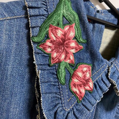 GUCCI Flower Embroidered Denim Dress Size 42 Cute GG Button