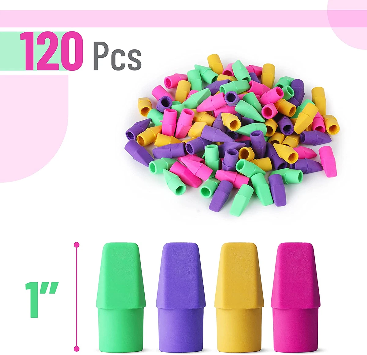 Caps Ideal For Every Pencil Set Of 120 Colorful & High Quality Erasers