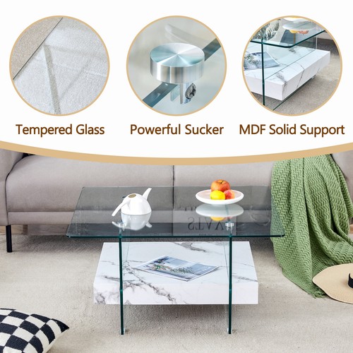 31.4 Inch Modern Two-Tier Square Coffee Table Glass Marble Pattern Center Table - Picture 4 of 22
