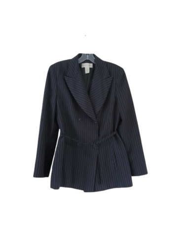 VTG Casual Corner Womens Boyfriend Blazer Jacket 6 Black Pinstripe Belt Academia - Picture 11 of 12