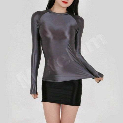 Mujeres Satén Brillante Look Húmedo Yoga Gimnasio Calce Ajustado Camiseta Prendas para el torso Blusa Elastizada Camisas - Imagen 22 de 23