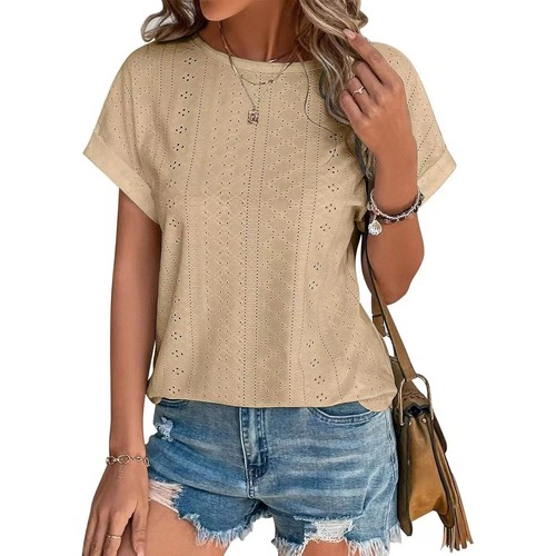 Ladies Shirts Blouse Summer Short Sleeve Casual Loose Holiday Tops Tee Plus Size - Picture 35 of 39
