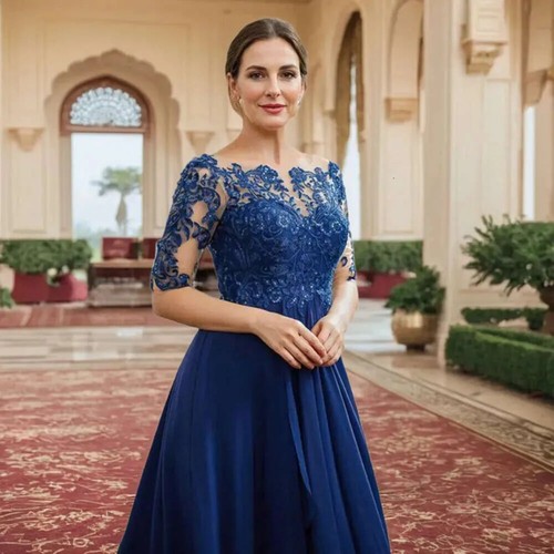 Length Mother The Of Bride Tea Chiffon Elegant Dresses Appliques Groom Mom Lace - Picture 3 of 6