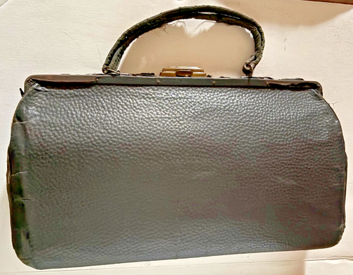 Clam Shell Purse Old Faux Leather with Brass Lip & Closure ~13" long x 8" tall