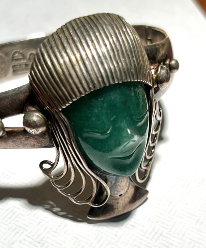 Los Ballesteros Aztec Face Bracelet Green Onyx Mexico Sterling Silver TAXCO - Picture 2 of 7
