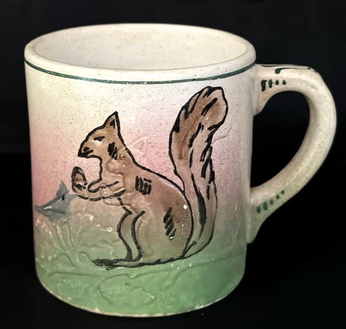 BRUSH MCCOY POTTERY RARE HANDLED MUG WITH HAND PAINTED SQUIRREL & BIRDS