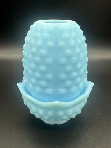 Fenton Fairy Lamp Vintage Hobnail Light Blue Satin Milkglass Candle Holder