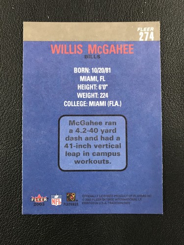 2003 Fleer Tradition #274 Willis McGahee Buffalo Bills - Picture 2 of 2